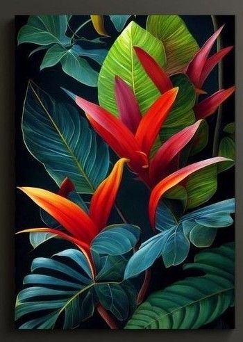 Jungle Leaf Painting, Abstract Jungle Art, Jungle Leaves Painting, Tropical Backsplash, Tropical Plants Painting, Tropical Painting Ideas, Brazil Tropical, Jungle Watercolor, Bright Colors Art