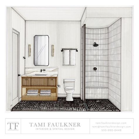 GIRLS' BATHROOM DESIGN - MOUNT VALLEY PROJECT — TAMI FAULKNER DESIGN Girls Bathroom Design, Interior Sketching, Tami Faulkner, Room Swing, Bathroom Addition, Custom Floor Plans, Bathroom Layouts, Bathroom Floor Plans, Primary Bathroom