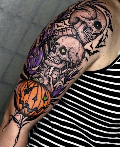 Spooky Forarm Tattoos, Halloween Sleeve, Aa Tattoos, Halloween Tattoo Ideas, Memorial Tattoo Designs, Tats Ideas, Pumpkin Tattoo, Armband Tattoos, Wicked Tattoos