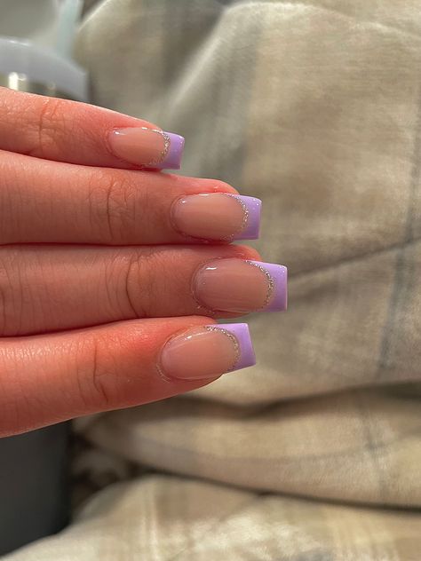 Acrylic Nail Designs Lilac, Simple Purple Birthday Nails, Nails To Go With A Lavender Dress, Light Purple Nails With White French Tip, Purple Nail Inspo Simple, French Tips With Purple Design, Purple French Tip Design, Purple French Tip With Glitter, White And Purple Nails Short