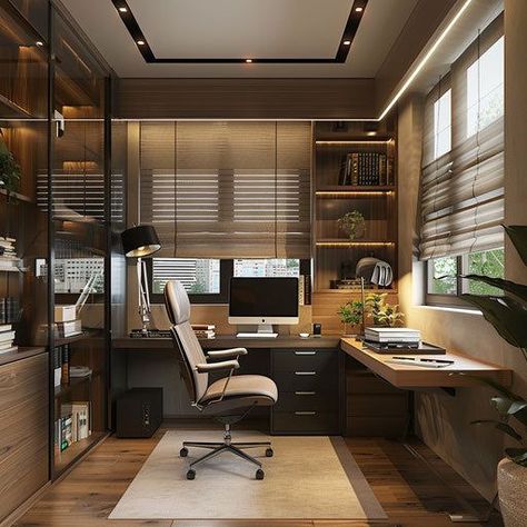 Indoor Office Design, Home Office Sophisticated, Living Room Study Area, Office At Home Aesthetic, Writing Studio Workspaces, Luxury Office Cabin Design, At Home Office Design, In Room Office, Home Office Glass Wall