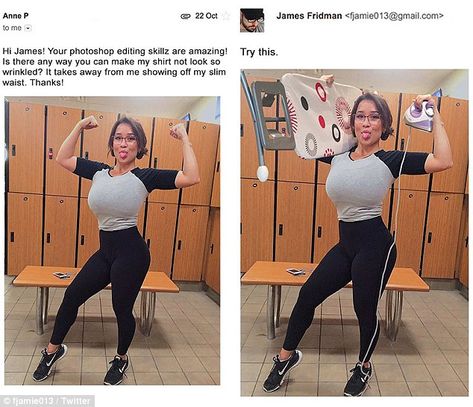 One woman attempting to show off her waist asks that James make her shirt less crinkled and so he equips her with an iron and ironing board James Fridman, Photoshop Edits, Photoshop Fail, Funny Photoshop, College Humor, Funny Photos, Dankest Memes, Graphic Designer, Make Me Smile