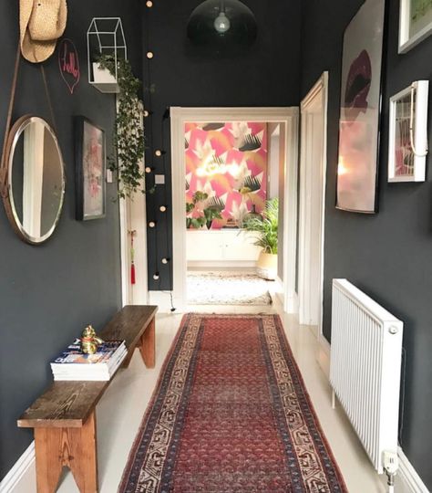 Eclectic Hallway, Grey Hallway, Hallway Colours, Dark Hallway, Dark Grey Walls, Hallway Inspiration, Entryway Inspiration, Design Hallway, Entrance Modern