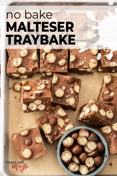 Malteser traybake is actually not baked at all. Also known as Malteser tiffin, this quick and easy, no bake slice is loaded with chocolate and Maltesers and makes the perfect afternoon tea for adults or after school snack for the kids. Malteser Tray Bake, Malteser Tiffin, No Bake Slice, Rich Tea Biscuits, Tray Bake Recipes, After School Snack, Tray Bake, Tea Biscuits, Malted Milk