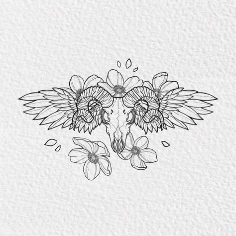 Ram skull with wings surrounded by flowers for tattoo linework Ram Skull Tattoo, Ram Skull, Skull Artwork, Bleach Art, Tattoo Outline, Tattoo Stencils, Illustration Artists, Lotus Flower Tattoo, Botanical Illustration