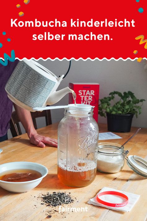 Kombucha selber machen – so einfach geht’s [Komplettanleitung] Kefir Benefits, Creamy Salmon Pasta, Fermented Kimchi, Kombucha Recipe, Kefir Recipes, Ginger Shot, Handmade Cake, German Food, Fermented Foods