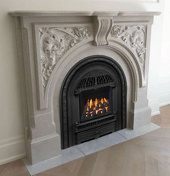 Folk Victorian Fireplace, Ornate Fireplace Mantle, Arched Fireplace Mantle, Arched Electric Fireplace, Brooklyn Fireplace, Nyc Fireplace, Vintage Fireplace Ideas, Equestrian Library, Victorian Fireplace Ideas