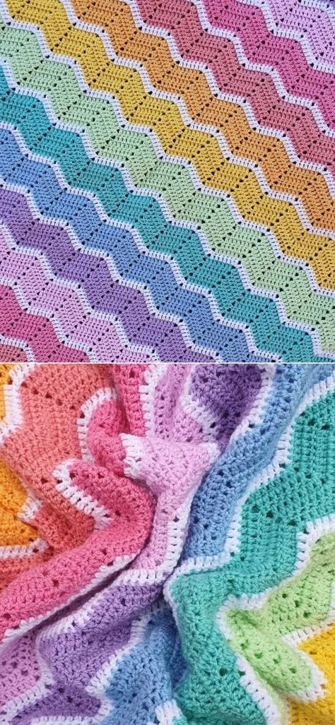 Rainbow Crochet Blanket Pattern, Ripple Stitch Crochet, Boot Cuffs Crochet, Crochet Blanket Rainbow, Crochet Ripple Pattern, Rainbow Baby Blanket, Crochet Blanket Tutorial, Blanket Granny Square, Crochet Ripple Blanket