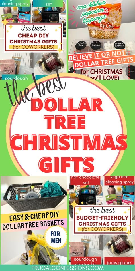 Dollar Tree Christmas Gifts - both gifts, and Dollar Tree Christmas Baskets that you DIY! But MAN they're easy. And cheap. Cheap Easy Christmas Gifts For Family, Easy Cheap Gift Baskets Diy Christmas, Christmas Basket Gift Ideas Coworkers, Very Cheap Christmas Gifts, Dollar Tree Christmas Basket Gift Ideas, Diy Gift Baskets Dollar Tree, Dollar Tree Mens Gifts, Dollar Tree Employee Gifts, Easy Office Christmas Gifts