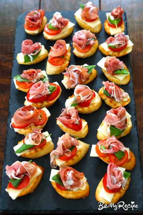 Prosciutto Crostini Recipe with Fresh Basil and Provolone - Be My Recipe Proccutio Appetizers, Prosciutto Crostini, Crustini Appetizers Prosciutto, Brie And Prosciutto Crostini, Fig And Prosciutto Crostini, Herb Cream Cheese Recipe, Peach Prosciutto Crostini, Fresh Basil Recipes, Crostini Recipes