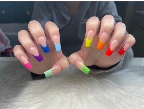 rainbow nail designs Birthday Nails Rainbow, Trendy Rainbow Nails, Rainbow Tip Nails Coffin, Short Square Rainbow Nails, Rainbow French Nails Tips, Rainbow Valentines Nails, Rainbow French Tip Nails Coffin, Rainbow Nail Designs Acrylic, Neon Rainbow Nails Acrylic