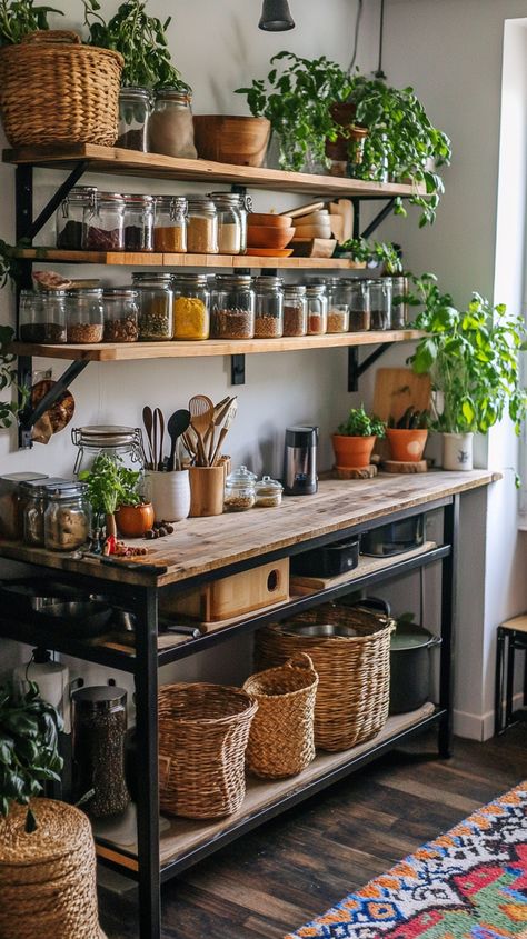 Boho kitchen with wooden shelves, black metal table, spice jars, greenery, and colorful rug on dark wood floors. Kitchen Storage No Cabinets, Shelf With Jars, Unique Kitchen Shelves, Kitchen Bakers Rack Ideas Storage, Black White Boho Kitchen, Farmers Market Kitchen Decor, Baking Station In Kitchen Ideas, Rustic Kitchen Accessories, Open Concept Kitchen Shelves