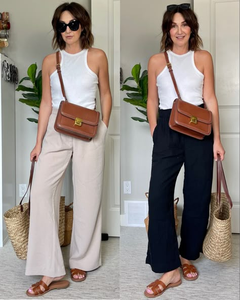 Beige Capris Outfit, Gauze Pants Outfit, Khaki Linen Pants Outfit, Tan Linen Pants Outfit, Beige Wide Leg Pants Outfit, Natural Romantic Style, Wide Leg Pants Outfit Summer, Linen Pants Outfit Summer, Khaki Linen Pants