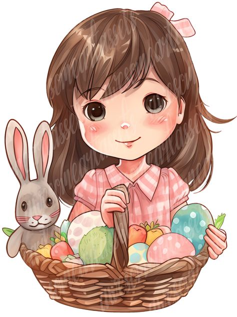 Easter Basket Drawings Easy, Bunny In A Basket, Painted Easter Buckets Girl, Easter Bunny With Basket Coloring Pages, Easter Bunny Girl, Easter Images, Easter Girl, Easter Baskets, Easter Bunny