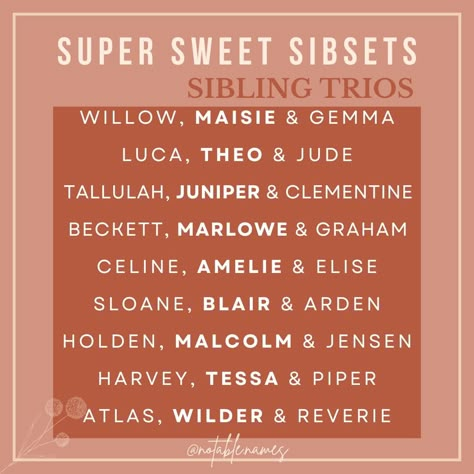 Check out these Super Sweet Sibsets, pairing together 3 names that feel perfectly complimentary for siblings. These sets are meant to inspire you, and help you rethink a cohesive sibling set. Whether you're thinking ahead to your future family, or expecting baby number 3, this list is for you! Up for a challenge? Pick a sibling set and add a fourth name that matches the vibe! #names #girlnames #boynames #babynames #babynameinspo #babynameideas #babynameinspiration #babynamesuggestions Sibling Names, Twin Baby Names, Random Baby, Baby Number 3, Fantasy Writing, Sweet Baby Names, Baby Name List, Name Suggestions