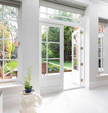 Georgian Patio Doors, French Doors Next To Windows, Extension French Doors, Sash French Doors, French Doors From Kitchen To Patio, French Door Kitchen To Patio, Window Dressing Ideas Patio Doors, Traditional French Patio Doors, Patio Doors With Windows On Each Side