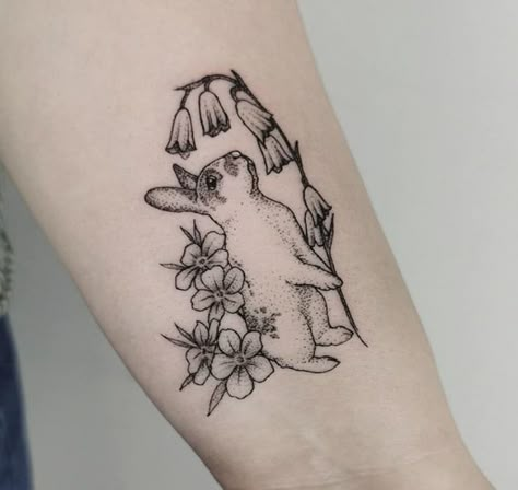 Small Woodland Creature Tattoo, Bunny Tattoo Memorial, Bunny And Flower Tattoo, Rabbit And Flower Tattoo, Garden Animal Tattoo, Bunny Mushroom Tattoo, Whimsical Bunny Tattoo, Bunny Holding Flower Tattoo, Rabbit Flower Tattoo