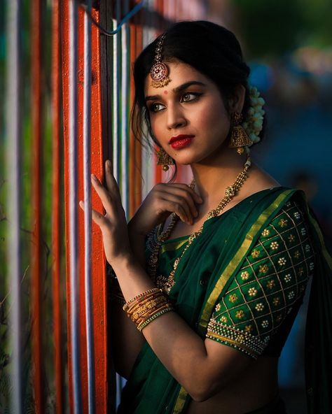 Meenakshi Govindharajan half saree stills - South Indian Actress Meenakshi Govindharajan, Half Saree Stills, Pink Half Sarees, Actress Photoshoot, Peach Color Saree, Pink Monochrome, Saree Stills, Bollywood Glamour, Monochrome Makeup Look