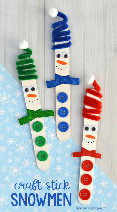 Craft Stick Snowman Craft - The Resourceful Mama Christmas Decoration For Kids, Diy Christmas Snowman, Popsicle Stick Ornaments, Snowman Craft, Diy Jul, Kids Homemade, Christmas Crafts For Kids To Make, Craft Kids, Homemade Ornaments