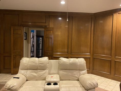 Painting Wood Walls Before And After, Oak Paneling Walls Makeover, 1980s Wood Paneling, Painted Library Paneling, Colors To Paint Wood Paneling, Brown Paneling Walls Makeover, Painted Wood Paneling Walls Before And After, Oak Wall Paneling Living Rooms, Oak Paneling Walls Living Rooms