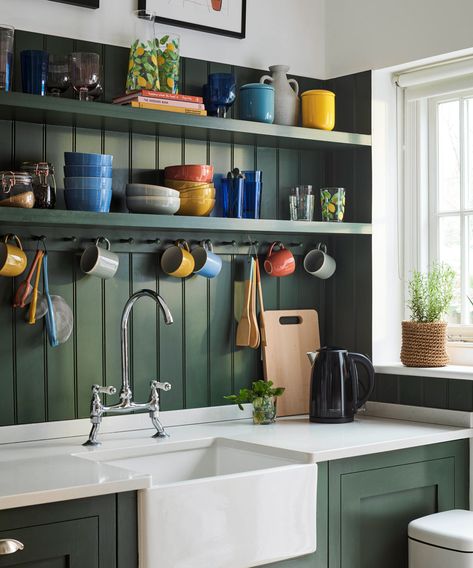 Wall panelling ideas for every room – 21 ways to add character with panels 90s Farmhouse, China Kitchen, Green Cabinets, Glass Storage Jars, Painted Paneling, Glass Storage, Kitchen Jars Storage, Green Kitchen, Storage Jars