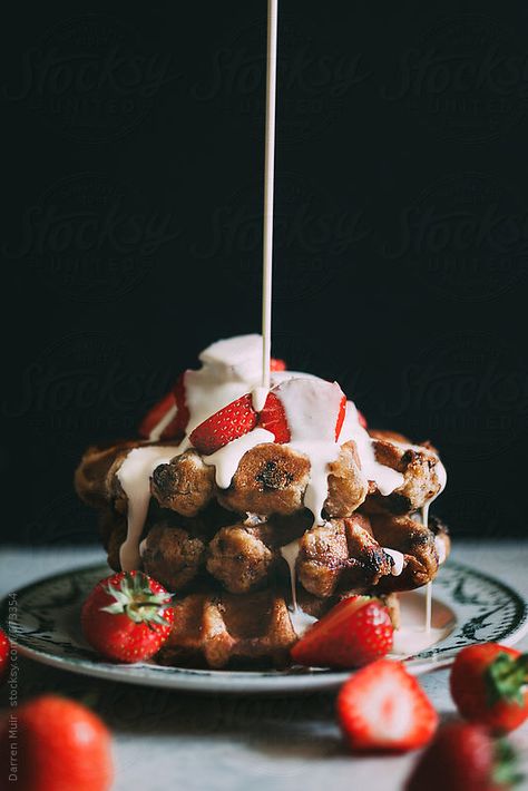 Strawberry & Cream Waffles | Photo by Darren Muir Dip N Dip, Waffle Product Photography, Waffles Photography Instagram, Waffle Photography Food Styling, Strawberry Waffle Topping, Waffle Stack, Waffles And Strawberries, Waffles Aesthetic, Christmas Waffles