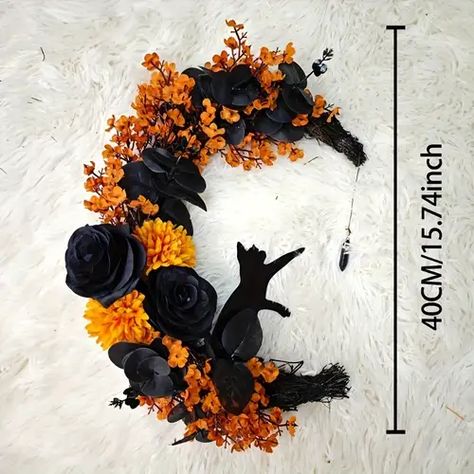 Moon Cat Wreath, Porche Halloween, Black Halloween Wreath, Cat Wreath, Moon Wreath, Halloween Hanging Decorations, Black Cat Decor, Halloween Front Doors, Spooky Home Decor