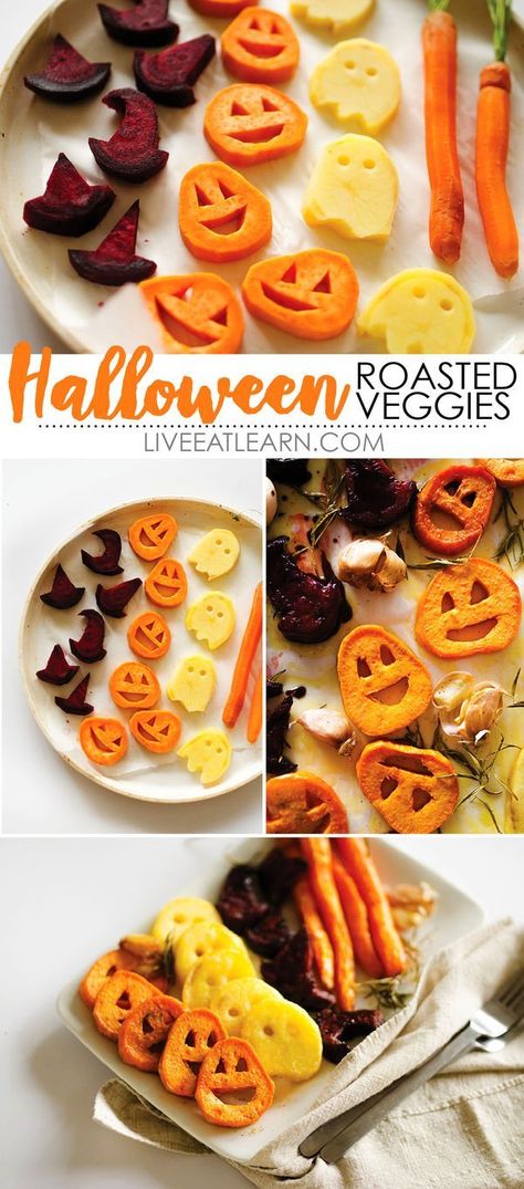 Awesome Halloween idea! With sweet potato jack-o-lanterns, beet root witch’s hats, and spooky potato ghosts, this Halloween Roasted Veggies recipe is a healthy way to celebrate this October! Perfect to serve for snack or as a side dish, vegan, gluten-free, and a dish the whole family will love. // Live Eat Learn Healthy Halloween Dinner, Roasted Veggies Recipe, Plat Halloween, Halloween Appetizers Easy, Recetas Halloween, Halloween Food Dinner, Bolo Halloween, Kids Halloween Food, Vegan Halloween