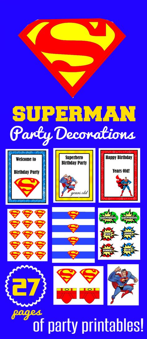 Superman Party Printables Superman Themed Birthday Party, Superman Birthday Party Decorations, Superman Birthday Party Ideas, Fun Birthday Party Activities, Birthday Ideas At Home, Birthday Party Decorating Ideas, Superman Party Decorations, Birthday Party Activities For Kids, Superman Invitations