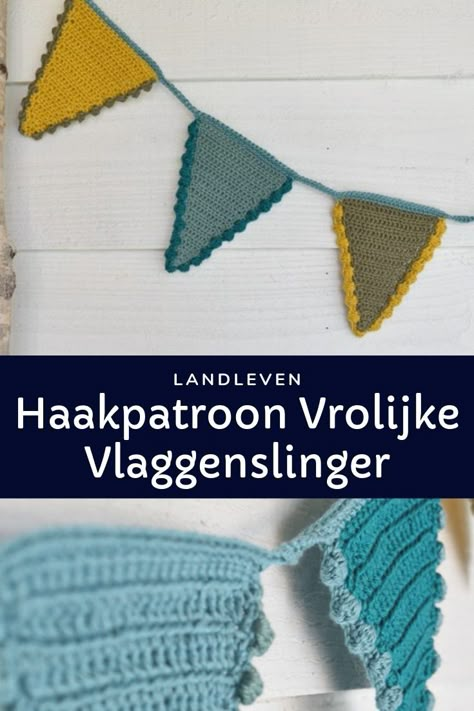 Haakinformatie | Haakpatroon Vrolijke Vlaggenslinger • Haakinformatie Crochet Bunting, Crochet Blanket Pattern Easy, Easter Crochet Patterns, Easy Crochet Blanket, Amigurumi Free Pattern, Learn To Crochet, Crochet Blanket Patterns, Christmas Crochet, Diy Crochet