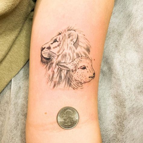 Lion And Lamb Tattoo Women Simple, Biblical Lion Tattoo For Women, Lion Lamb And Dove Tattoo, Lion Lamb Tattoo For Women, Half Lion Half Lamb Tattoo, Lamb And Lion Tattoo, Lion And The Lamb Tattoo For Women, The Lion And The Lamb Tattoo, Lion Christian Tattoo