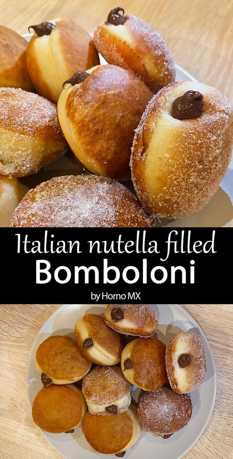 Nutella Filled Donuts Recipe, Nutella Stuffed Donuts Recipe, Nutella Filled Doughnut, Nutella Bomboloni Recipe, Bombolini With Nutella, Nutella Doughnut, Easy Italian Desserts, Zeppoli Recipe, Bomboloni Recipe