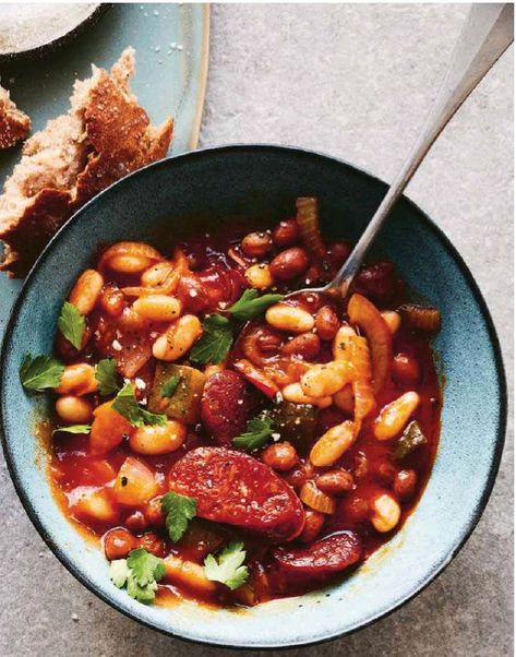 PressReader.com | Mediter­ranean bean stew with chorizo Chorizo Bean Stew, Chorizo And Bean Stew, How To Cook Chorizo, Bean Stew, Cannellini Beans, Chilli Flakes, Crusty Bread, Easy Cooking, Chana Masala