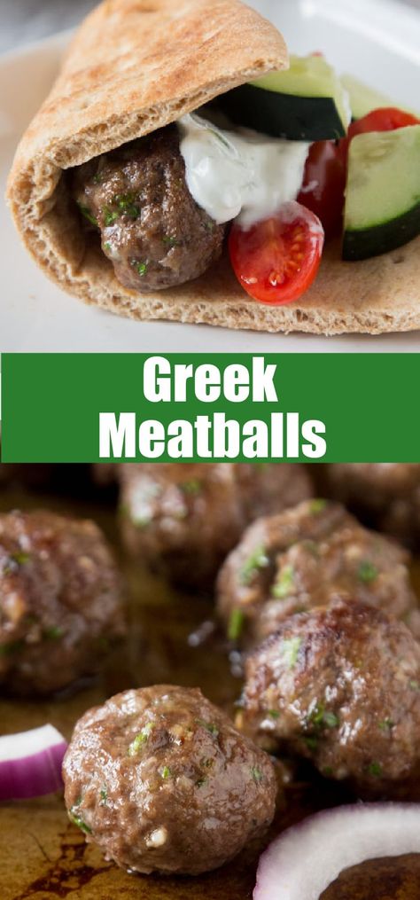 Greek Meals For A Crowd, Greek Main Dishes Meat, Greek Recipes For A Crowd, Greek Meatballs Crockpot, Greek Ground Beef Recipes, Flavored Meatballs, Gyro Meatballs, Greek Meatballs With Tzatziki Sauce, Meatballs With Tzatziki Sauce