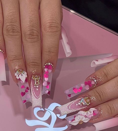 Blinged Out Valentine Nails, Pink Square Nails With Rhinestones, Long Valentines Nails, Valentines Nails Long, Bling Valentines Nails, Valentines Nail Set, Pink Gem Nails, Acrylic Nail Designs Classy, Acrylic Nail Designs Coffin