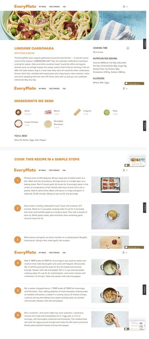 Screencaps from EveryPlate website. Every Plate Meal Delivery Recipes, Every Plate Recipes Cards, Everyplate Recipe Cards, Every Plate Recipes, Everyplate Meals, Everyplate Recipes, Linguine Carbonara, Hellofresh Recipes, Business Learning