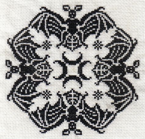 Bats- free chart!  It is under the Square Motifs category on page 2 of three pages.  For some reason, the link will not work so do a Google search for empty aunts attic cross stitch.  The first search will have the name Tandes Zolders in the web address. Halloween Cross Stitch Patterns, Halloween Cross Stitches, White Cross, Tapestry Crochet, Crochet Chart, Knitting Charts, Stitching Art, Embroidery Inspiration, Cross Stitch Charts