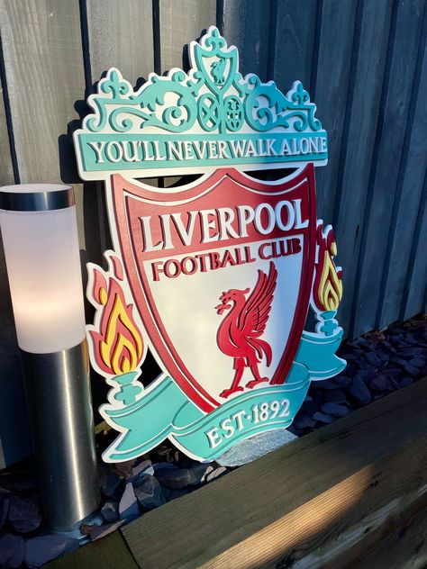 Handmade football crest, would look great in any, bedroom, bar or mancave. Visit link in Bio for more. #liverpool #liverpoolfc #lfc #scrollsaw #scrollsawartist Liverpool Bedroom, Football Mural, Football Crest, Soccer Stuff, Crest Logo, Bedroom Idea, Bedroom Bar, Liverpool Football Club, Liverpool Football