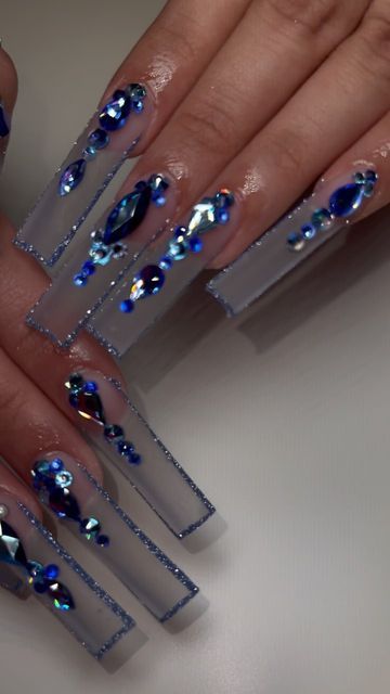 Blue Tapered Square Nails Long, Clear And Blue Nails, Blue N Black Nails, Blue Clear Nails, Blue And Silver Prom Nails, Dark Blue And Black Nails, Clear Blue Nails, Houston Nails, Blue Diamond Nails