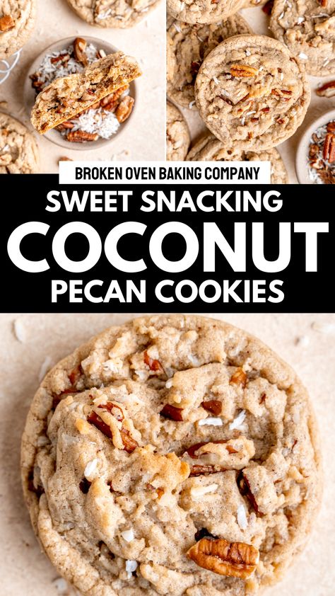 The coconut, pecans and brown butter create a rich, satisfying flavor combination with a crisp edge and great chew in this easy coconut pecan cookie baking recipe. They're a great dessert to enjoy any time of year, but especially in the fall with their warm flavors. For more fall baking recipes be sure to follow along. Cookies With Pecans And Coconut, Toasted Coconut Cookies Recipes, 4 Ingredient Coconut Cookies, Rum Cookies Recipes, Fancy Cookies Recipes, Fall Cookie Flavors, Pecan Baking, Cookie Flavors Ideas, Fall Baked Goods Recipes