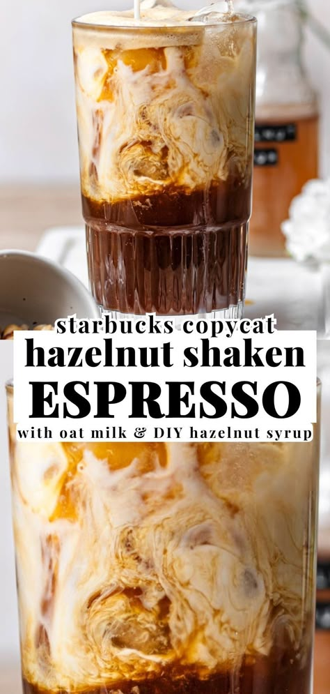 This Iced Hazelnut Oatmilk Shaken Espresso is a Starbucks inspired, creamy cold coffee made with homemade toasted hazelnut syrup and velvety oat milk. The nutty, sweet flavors pair perfectly with the chilled blonde espresso! Perfect for sipping on in the morning during the summer or feeling cozy during the winter or holidays. This coffee is dairy free and vegan friendly. Blonde Espresso, Shaken Espresso, Nespresso Recipes, Dairy Free Coffee, Espresso Recipes, Hazelnut Coffee, Homemade Syrup, Vegan Drinks, Espresso Drinks