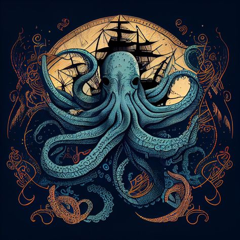 Kraken Drawing, Octopus Pictures, Kraken Logo, Octopus Graphic, Pirate Tattoo, Summer Illustration, Sleeves Ideas, Art Animals, Jolly Roger