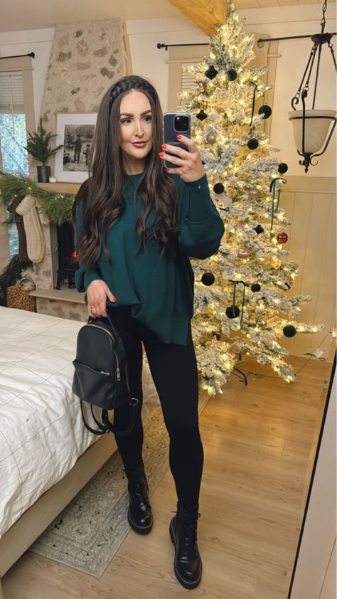 Winter fashion/ cozy winter style/ woman’s christmas outfit / forest green sweater for Christmas Green Sweater Outfit Christmas, Green Shirt Christmas Outfit, Comfy Christmas Day Outfits, Emerald Green Sweater Outfit Winter, Christmas Green Outfit Ideas, Casual Cute Christmas Outfits, Rainy Christmas Outfit, Forest Green Outfits For Women, Comfortable Christmas Outfits Women