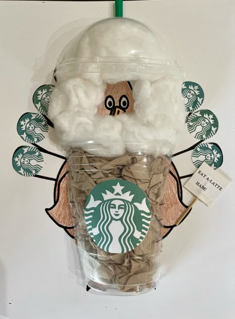 Our turkey is in a latte disguise! He says eat a-latte ham! Disguise A Turkey Ideas Kids, Starbucks Worker, Turkey Cup, Turkey In Disguise, Starbucks Cup Personalized, Disguise A Turkey, Turkey Disguise Project, Turkey Project, Turkey Disguise