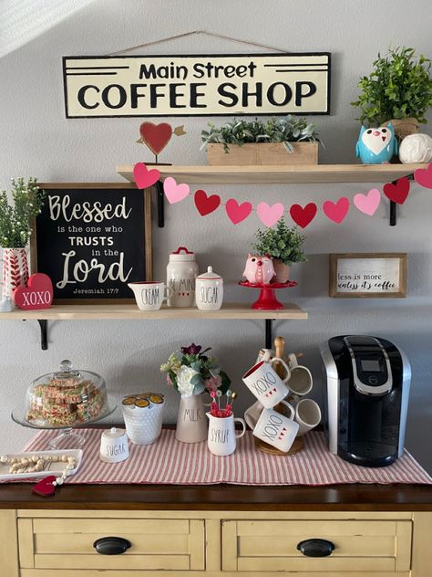 Coffee Bar Valentines Decor, Valentine's Coffee Bar, Valentine's Day Coffee Bar, Coffee Shop Valentines Decor, Valentines Coffee Bar Decor, Kitchen Valentines Day Decor, Valentines Day Coffee Bar Decor, Valentines Hot Cocoa Bar, Valentine Coffee Bar Ideas