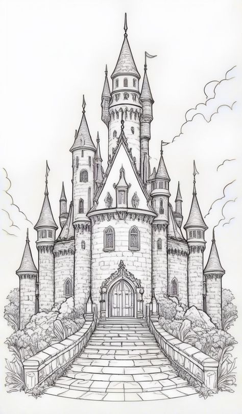 Beauty And The Beast Castle Drawing, How To Draw A Castle, Simple Castle Drawing, Castle Drawing Sketches, Medieval Castle Drawing, Castle Pencil Drawing, Hogwarts Castle Drawing, Castle Drawing Easy, Castle Reference