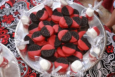 Red Black And White Party Food, Red And Black Party Food, Red Graduation Party Decorations, Black And Red Food Party Ideas, Red Black White Party, Graduation Party Ideas Desserts, Casino Party Food Appetizers, Red And Black Food Ideas, Red And Black Food