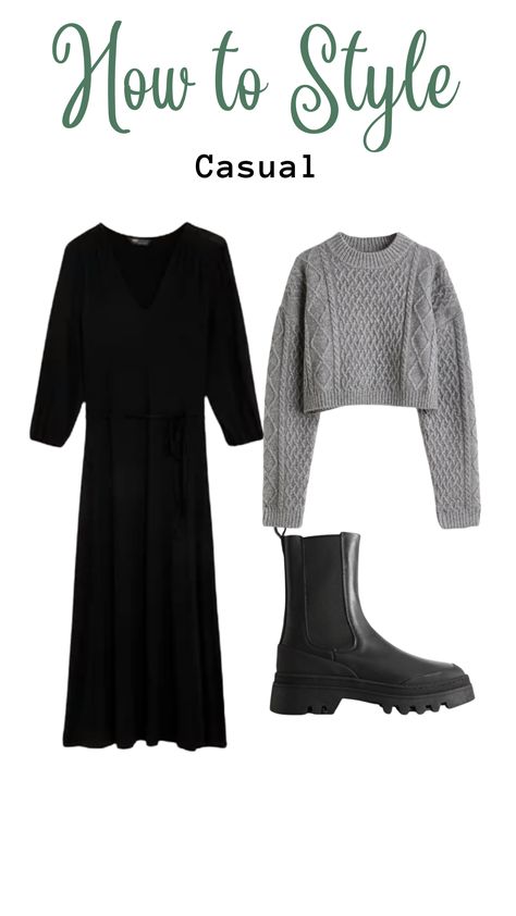 Sweater Over Black Dress Outfit, Black Midi Skirt Winter Outfit, Black Knit Midi Dress Outfit Winter, Cropped Sweater Skirt Outfit, Black Jumper Dress Outfit Winter, Black Knit Midi Dress Outfit, Black Dress Capsule Wardrobe, Knitted Midi Dress Outfits, Black Wool Dress Outfit