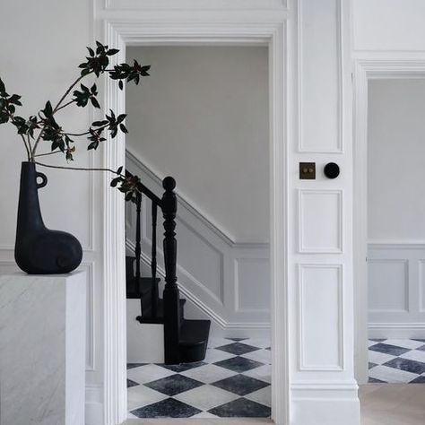 No.17 House (@no.17house) • Instagram photos and videos Lounge Furniture Layout, Marble Floor Tiles, Limewash Walls, Tumbled Marble Tile, Mandarin Stone, Tiled Hallway, Retro Sideboard, Black And White Interior, Black And White Tiles