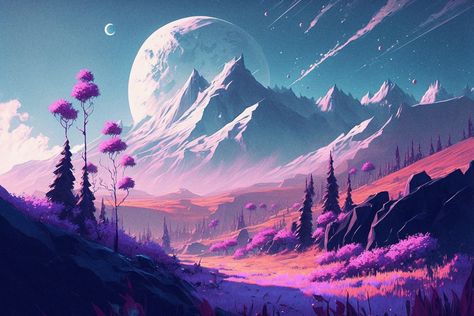 Alien Planet Drawing, Alien Landscape Concept Art, Landscape Concept Art, Pink Alien, Space Landscape, Alien Landscape, Planet Drawing, No Man's Sky, Landscape Concept